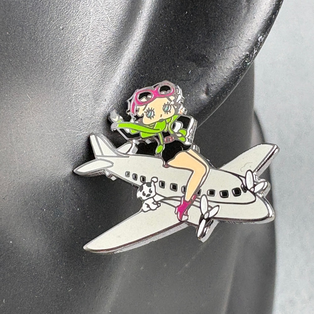 Betty Boop Aviator Airplane Enamel Stud Earrings Silver Tone Vintage Style